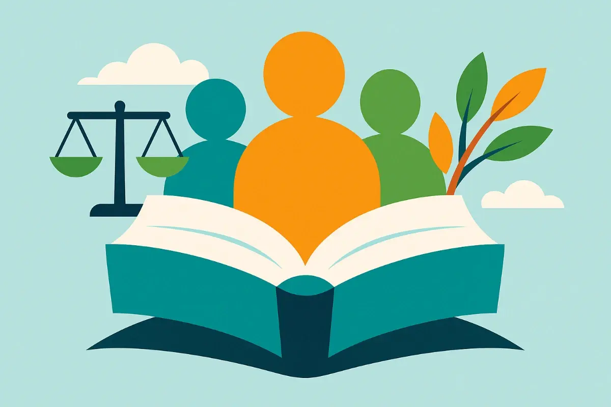 Illustration mit stilisiertem offenen Buch, drei farbigen Symbolfiguren und einem Blätterzweig vor hellblauem Hintergrund – Symbol für Demokratiebildung und Jugend