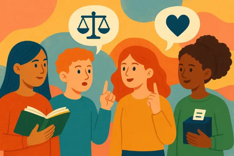Illustration von vier Jugendlichen mit unterschiedlichen Haut- und Haarfarben im Gespräch über Demokratie, mit Symbolen für Gerechtigkeit, Herz und Wahlurne