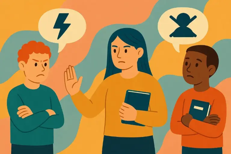 Illustration mit drei Personen: ein wütender Jugendlicher, eine intervenierende Lehrkraft mit erhobener Hand und ein stiller Schüler mit Buch – symbolisiert Umgang mit demokratiefeindlichen Vorfällen