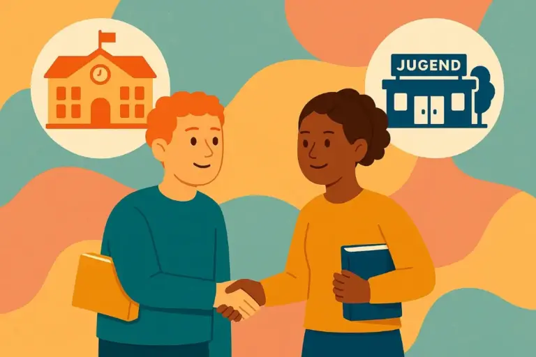 Illustration zweier Personen beim Handschlag – im Hintergrund Symbole für Schule und Jugendzentrum – als Sinnbild für schulisch-außerschulische Kooperation in der Demokratiebildung