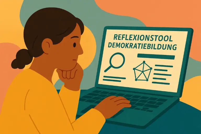 Illustration einer jungen Person vor einem Laptop mit der Website des Reflexionstools Demokratiebildung – Symbol für digitale Qualitätsentwicklung in der Bildungsarbeit